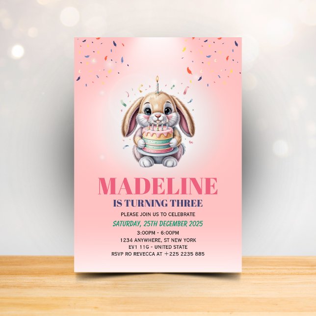 Invitación Girls Cute Pink Bunny Cake Birthday Invitation (Subido por el creador)