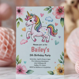 Invitación Girls Cute Pink Unicorn Kids 5th Birthday Party