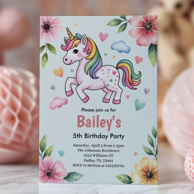 Invitación Girls Cute Pink Unicorn Kids 5th Birthday Party (Subido por el creador)