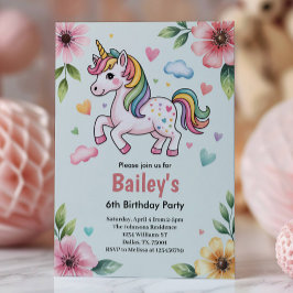 Invitación Girls Cute Pink Unicorn Kids 6th Birthday Party