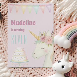 Invitación Girls Cute Pink Unicorn Seventh Birthday