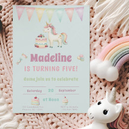 Invitación Girls Cute Turquoise Unicorn Fifth Birthday 