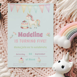 Invitación Girls Cute Turquoise Unicorn Fifth Birthday