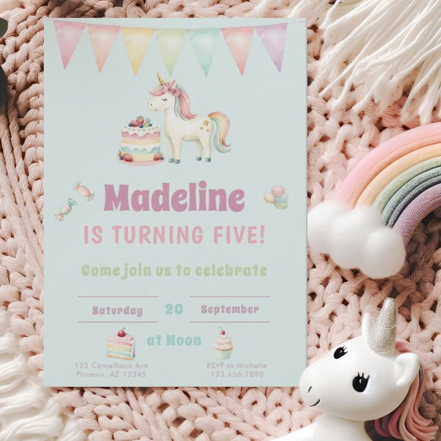 Invitación Girls Cute Turquoise Unicorn Fifth Birthday  (Subido por el creador)