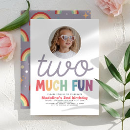 Invitación Girls Cute Two Much Fun Rainbow Photo 2nd Birthday