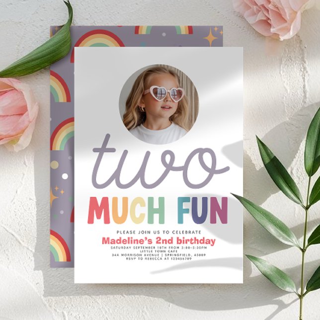 Invitación Girls Cute Two Much Fun Rainbow Photo 2nd Birthday (Subido por el creador)