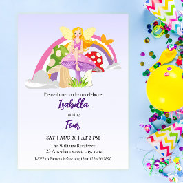 Invitación Girls Fairy Mushroom Rainbow Birthday