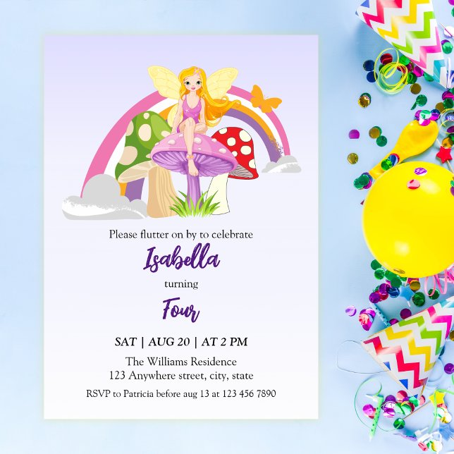 Invitación Girls Fairy Mushroom Rainbow Birthday  (Subido por el creador)