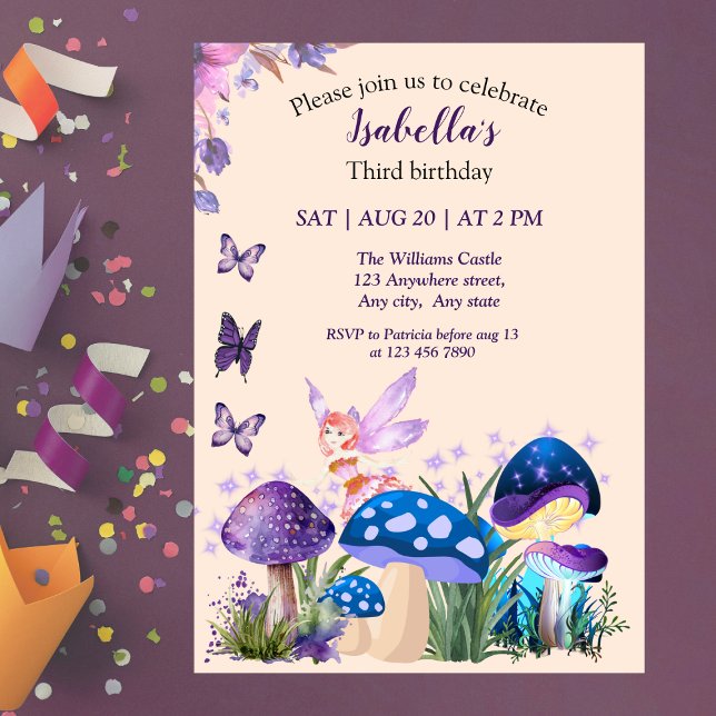 Invitación Girls Fairy Purple Mushroom Butterfly Birthday (Subido por el creador)