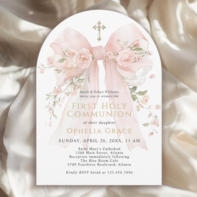 Invitación Girl's First Communion Pink Floral Bow Arched (May be ordered in both printed and instant download digital formats.)
