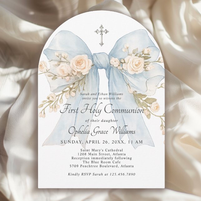 Invitación Girl's First Holy Communion Dusty Blue Floral Bow (Invitation may be ordered in both printed and instant download digital formats.)