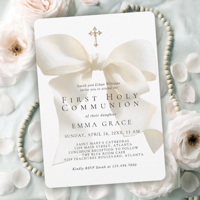 Invitación Girl's First Holy Communion Elegant Ivory Bow (Invitation may be ordered in both printed and digital formats.)