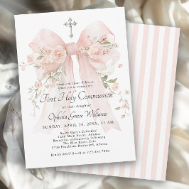 Invitación Girl's First Holy Communion Pink Floral Bow