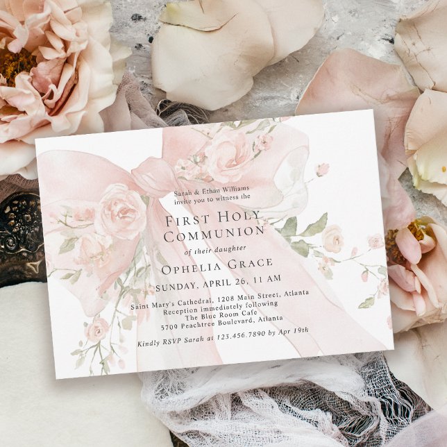 Invitación Girl's First Holy Communion Pink Floral Bow (Invitation may be ordered in both printed and instant download digital formats.)