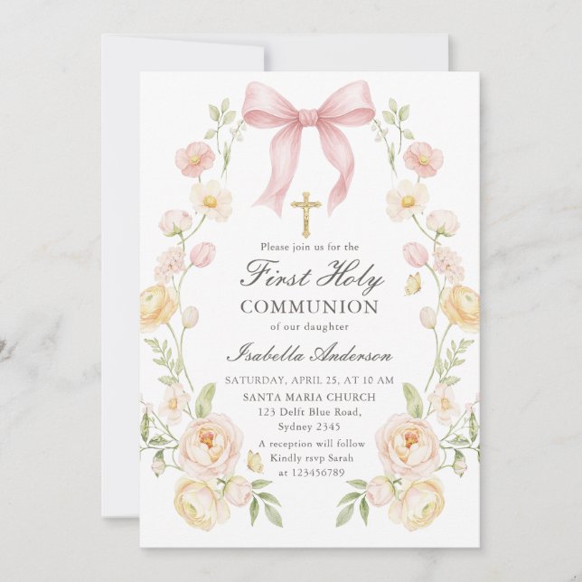 Invitación Girl's First Holy Communion Pink Floral Bow (Anverso)