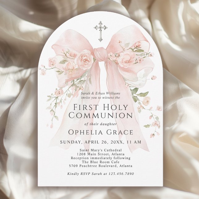 Invitación Girl's First Holy Communion Pink Floral Bow Arched (May be ordered in both printed and instant download digital formats.)