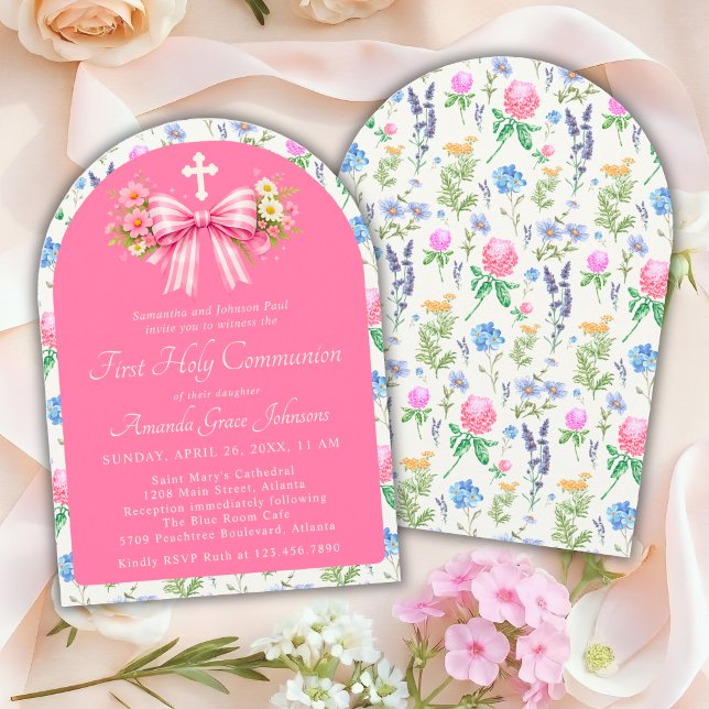 Invitación Girl's First Holy Communion Pink Wildflower Bow (Subido por el creador)