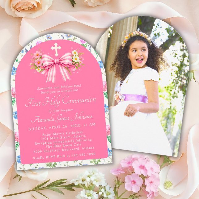 Invitación Girl's First Holy Communion Pink Wildflower Bow (Subido por el creador)