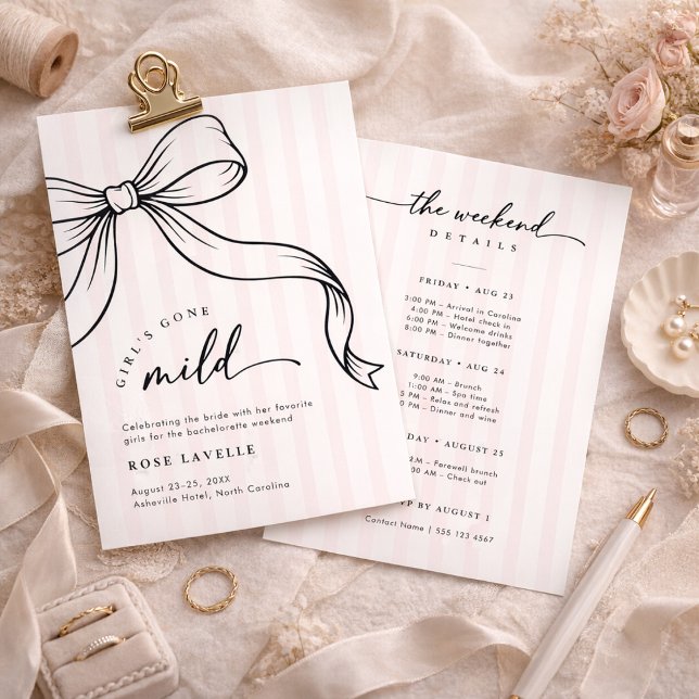 Invitación Girls Gone Mild Bow Stripe Bachelorette Weekend (Subido por el creador)