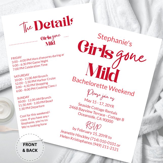 Invitación Girls Gone Mild Classic Bachelorette Beach Weekend (Customized Elegant Calligraphy Girls Gone Mild White Bachelorette Beach Weekend Itinerary Invitation)
