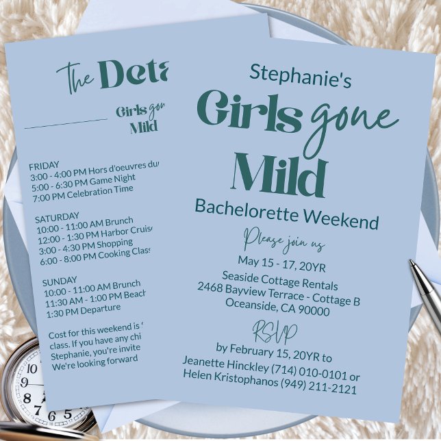 Invitación Girls Gone Mild Teal Bachelorette Beach Weekend (Customizable Girls Gone Mild Modern Teal Blue Bachelorette Spa Weekend Itinerary Invitation)