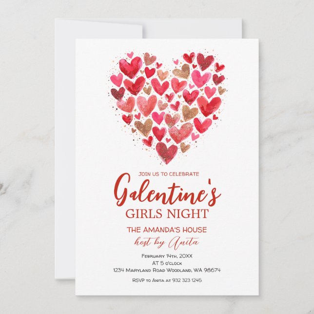Invitación Girls hearts Galentine’s Night Party Valentine (Anverso)