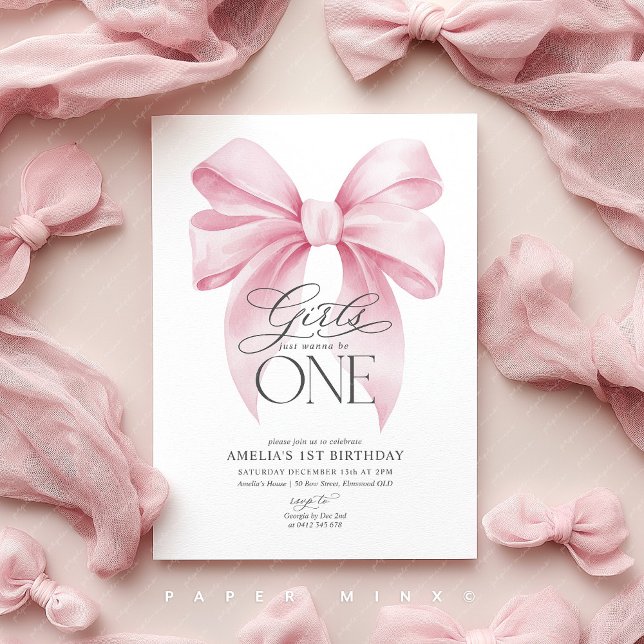 Invitación Girls just wanna be ONE 1st Birthday Pink Bow  (Pink Bow Invite | Girls 1st birthday party)