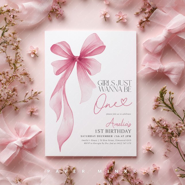 Invitación Girls just wanna be ONE! 1st Birthday Pink Bow (Girl's just wanna be one! Pink Bow 1st birthday party invitation)