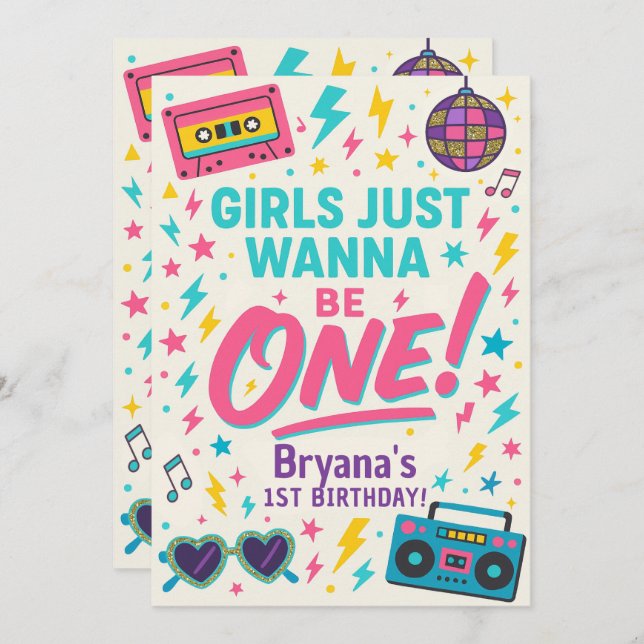 Invitación Girls just wanna be ONE Pop 1st Birthday Party (Anverso / Reverso)