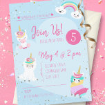 Invitación Girls Llamacorn Unicorn Birthday Party<br><div class="desc">Celebrate your little girl's birthday with this adorable custom llamacorn theme birthday party invitation. Invitation has a blue cloud background, adorable llamas dressed as unicorns, a baby llamacorn, a rainbow, and gold glitter stars. The editable text says Join Us and includes a spot for your little kid's name and age,...</div>