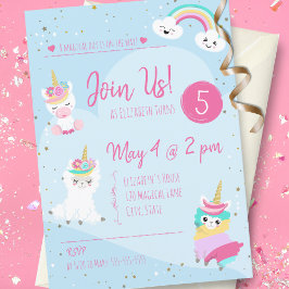 Invitación Girls Llamacorn Unicorn Birthday Party