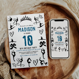 Invitación Girls Modern Black Gymnastics Kids 10th Birthday