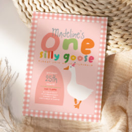Invitación Girls One Silly Goose Pink Gingham First Birthday