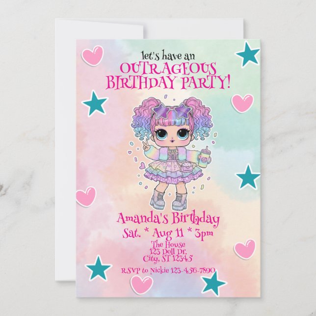 Invitación Girls Outrageous Birthday, doll, hearts, stars (Anverso)