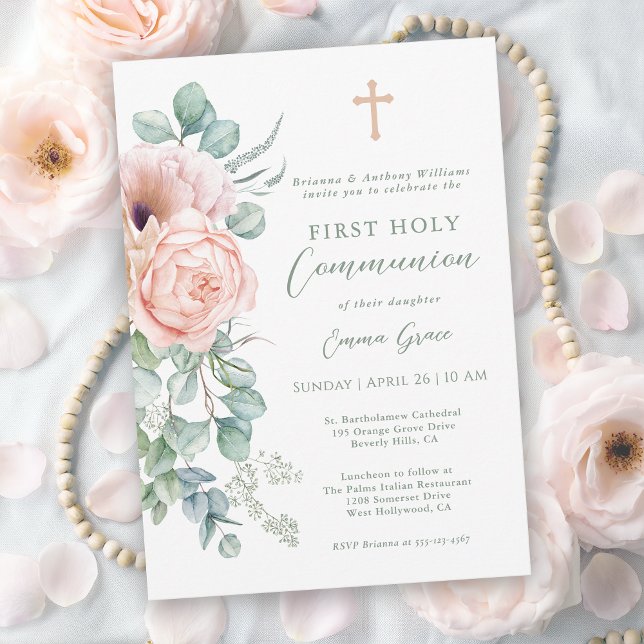 Invitación Girl's Pink and Sage Green Floral First Communion (Available in both printed and instant download digital formats.)