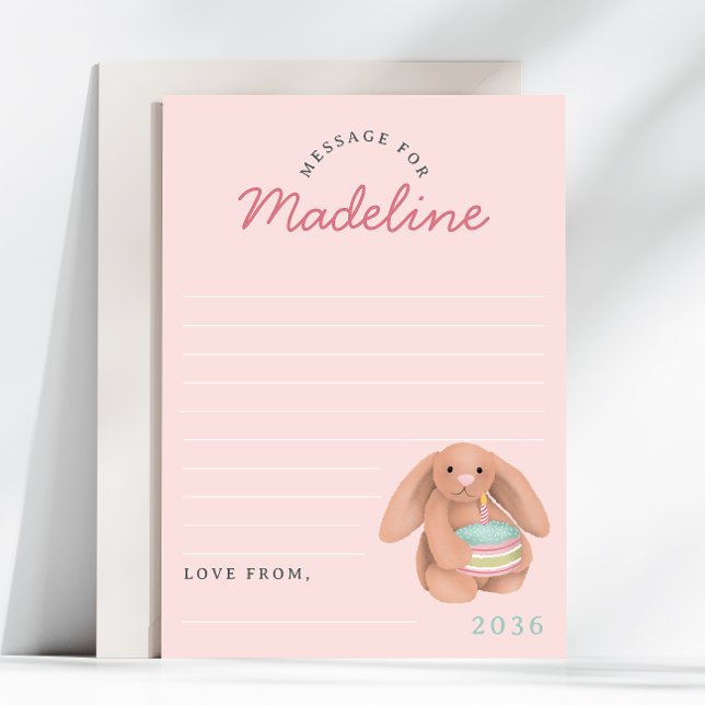 Invitación Girls Pink Bunny First Birthday Time Capsule Cards (Subido por el creador)