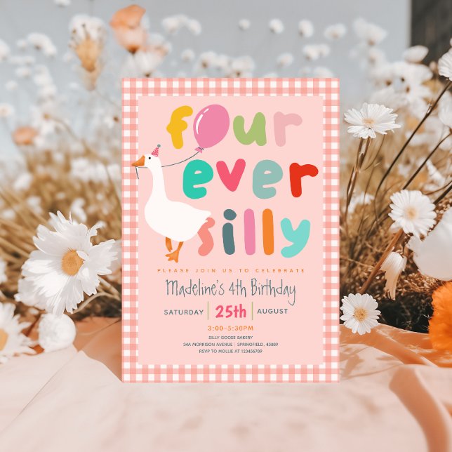 Invitación Girls Pink “Four Ever Silly” Goose 4th Birthday (Subido por el creador)