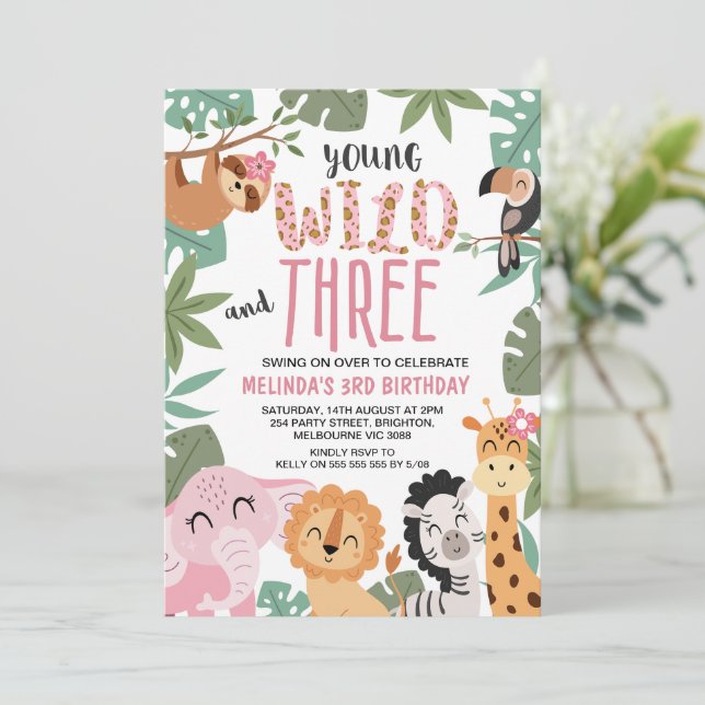 Invitación Girls Pink Green Young Wild Three 3rd Birthday (Anverso de pie)
