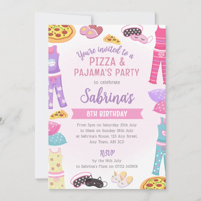Invitación Girls Pizza & Pajama Party Invite - Sleepover Fun (Anverso)