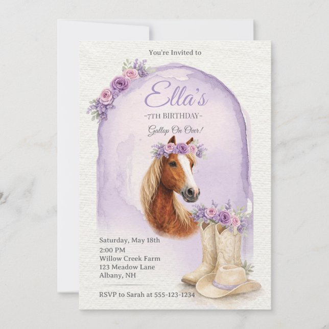 Invitación Girls Purple Floral Horse Birthday Invitation (Anverso)