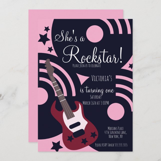 Invitación Girls Rockstar Guitar Star Rock Birthday Party  (Anverso / Reverso)
