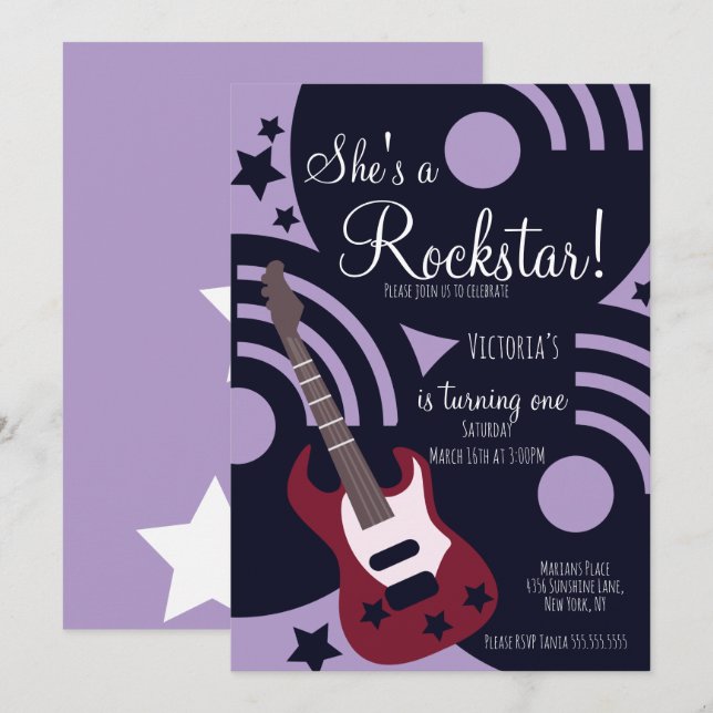 Invitación Girls Rockstar Guitar Star Rock Birthday Party  (Anverso / Reverso)