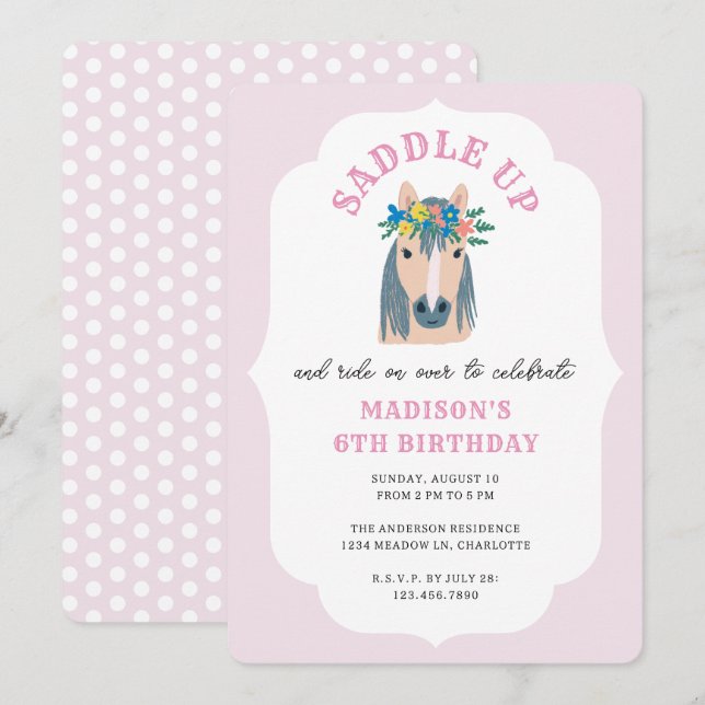 Invitación Girls Saddle Up Pink Pony Horse Birthday (Anverso / Reverso)