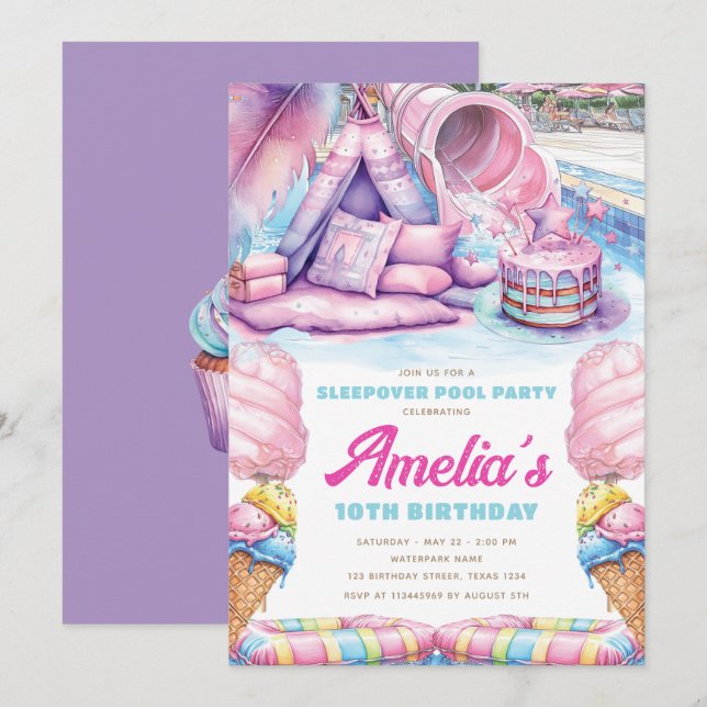 Invitación Girls Sleepover Pool Party (Anverso / Reverso)