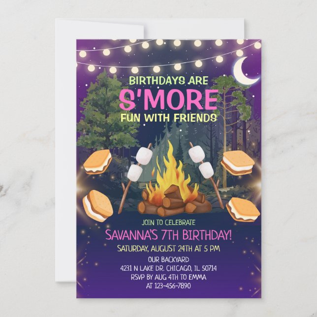 Invitación Girls S'more Fun Campfire Smores Birthday Party (Anverso)