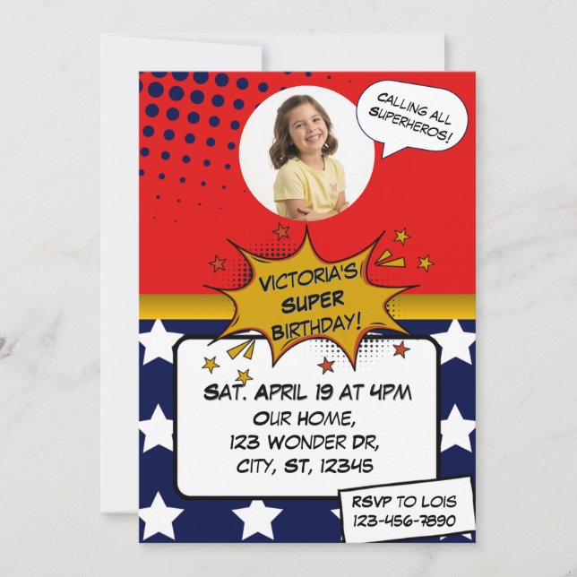 Invitación Girls Superhero Red, Blue, Gold & Stars Birthday  (Anverso)