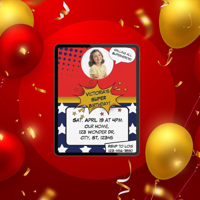 Invitación Girls Superhero Red, Blue, Gold & Stars Birthday  (Subido por el creador)