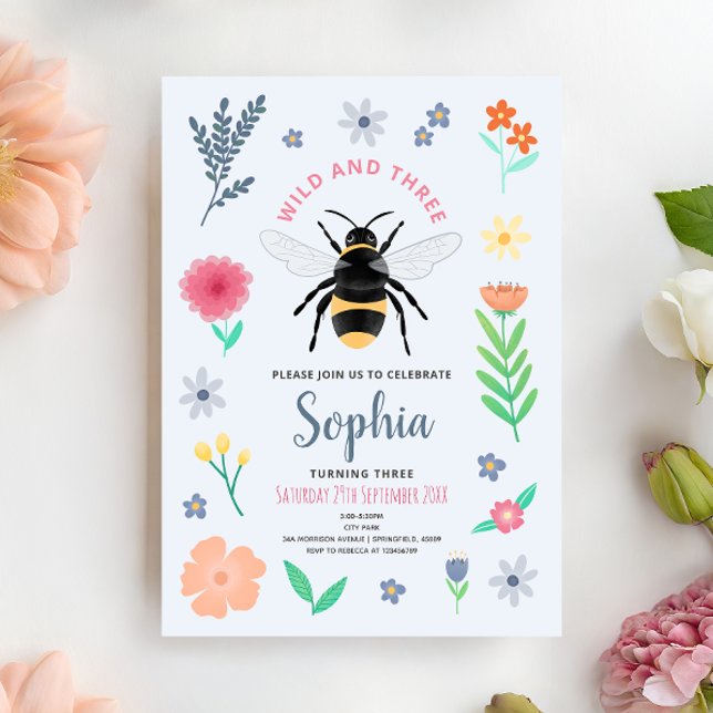 Invitación Girls Sweet Bee Wildflower Wild and Three Birthday (Subido por el creador)
