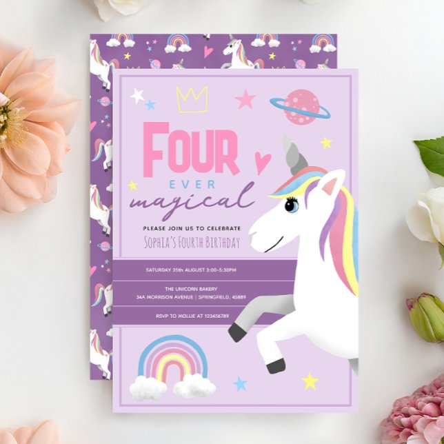 Invitación Girls Unicorn Four Ever Magical 4th Birthday (Subido por el creador)