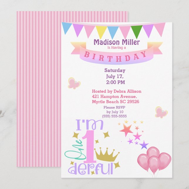 Invitación Girly 1 y la maravillosa fiesta de cumpleaños (Anverso / Reverso)